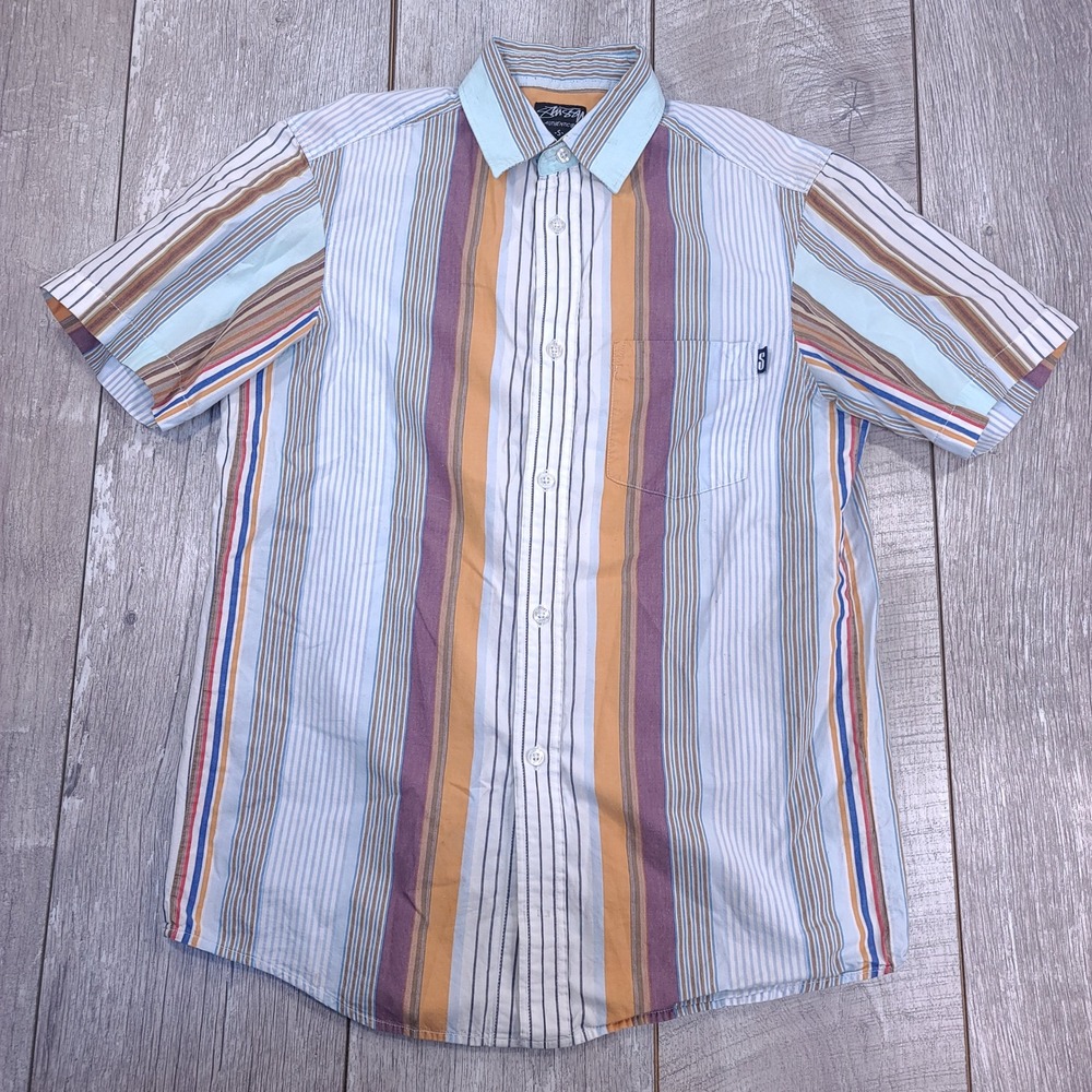 Stussy Button Front Shirt Mens Small Multi Color Striped Short Sleeve Cotton Y2K